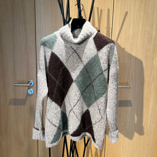 GRAN SASSO - Pull Col Roulé - Taupe Losanges Chocolat et Vert 1